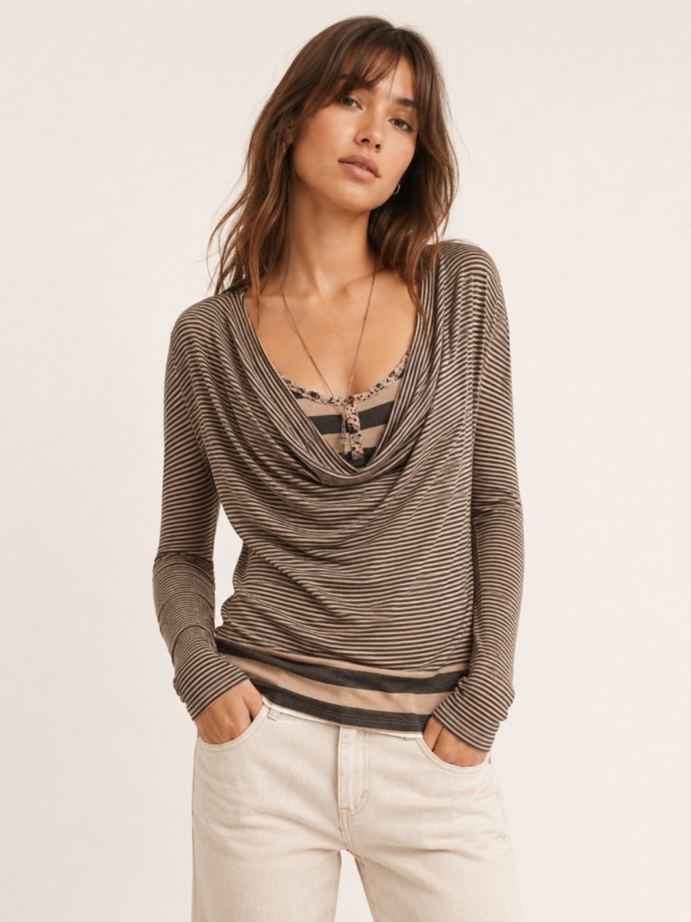 DEPT B.V. Striped Cowl Neck Brown/Tan Long Sleeve Top Size L